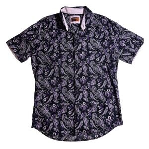 Consequence Men's L Paisley Button Up Shirt Purple Black Short Sleeve Casual